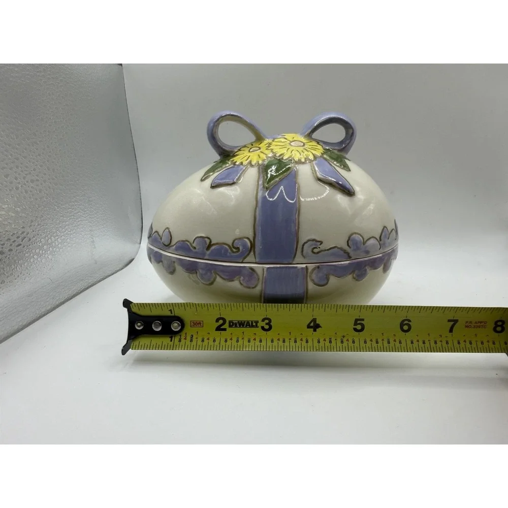 Ceramic Floral Trinket Box Purple Ribbon Yellow Flowers Lidded Jewelry Dish